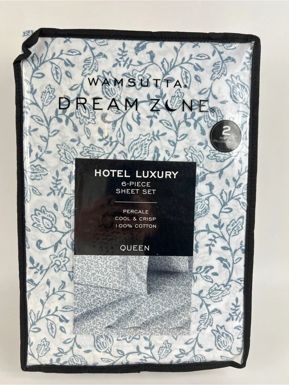 Wamsutta Dream Zone Queen Sheet Set White with Blue Floral 100% Cotton 6 Pc NEW